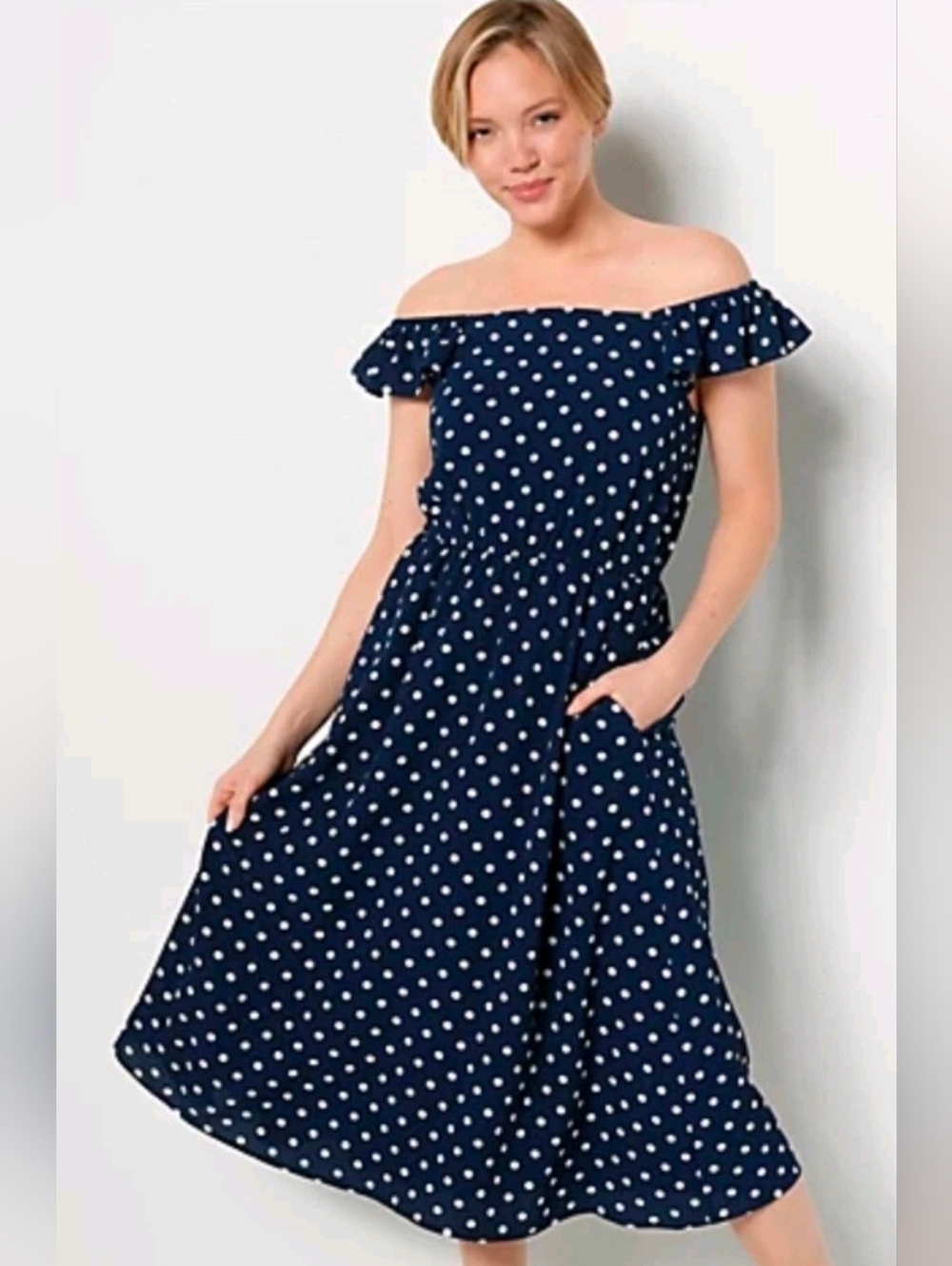 Large Chiffon Ruffle Midi Dress Navy Polka Dot - Picture 2 of 5